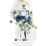 11 Inch Dusty Blue Wedding Bouquets For Bride White Navy Blue Artificial Roses Flower Cascading Bridal Bouquet For Rustic Boho Fall Vintage Wedding Ceremony Party And Anniversary