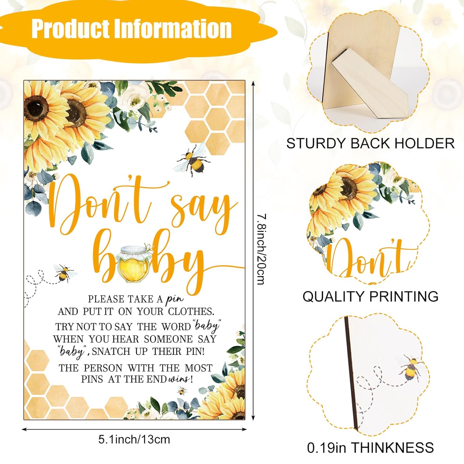 51Pcs Don'T Say Baby Shower Game Favor Yellow Bee Sunflower Wooden Sign With 50 Cute Clothespin For Summer Gender Reveal Party Supplies