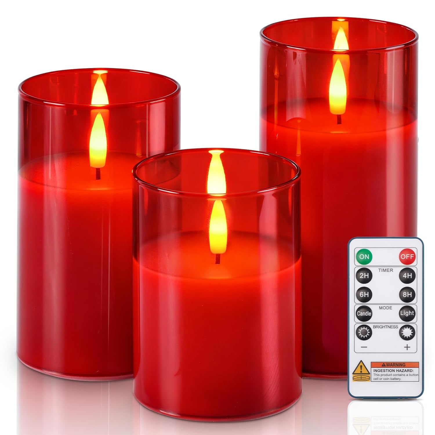 Red Glass Flameless Candles, Battery Operated Led Pillar Candles With Remote Control And Timer, Radiance Candles, Real Wax, Set Of 3,D3 Xh4 5" 6"