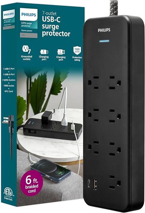 Philips 7 Outlet Surge Protector 1 USB A 1 USB C 6FT Braided Cord