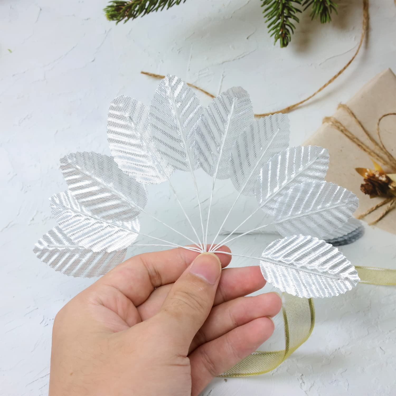 200Pcs Artificial Silk Leaf Fake Faux Wired Single Leaf For Diy Crafts, Cake, Bouquet, Wreath, Home, Wedding, Birthday, Party, Christmas Decoration