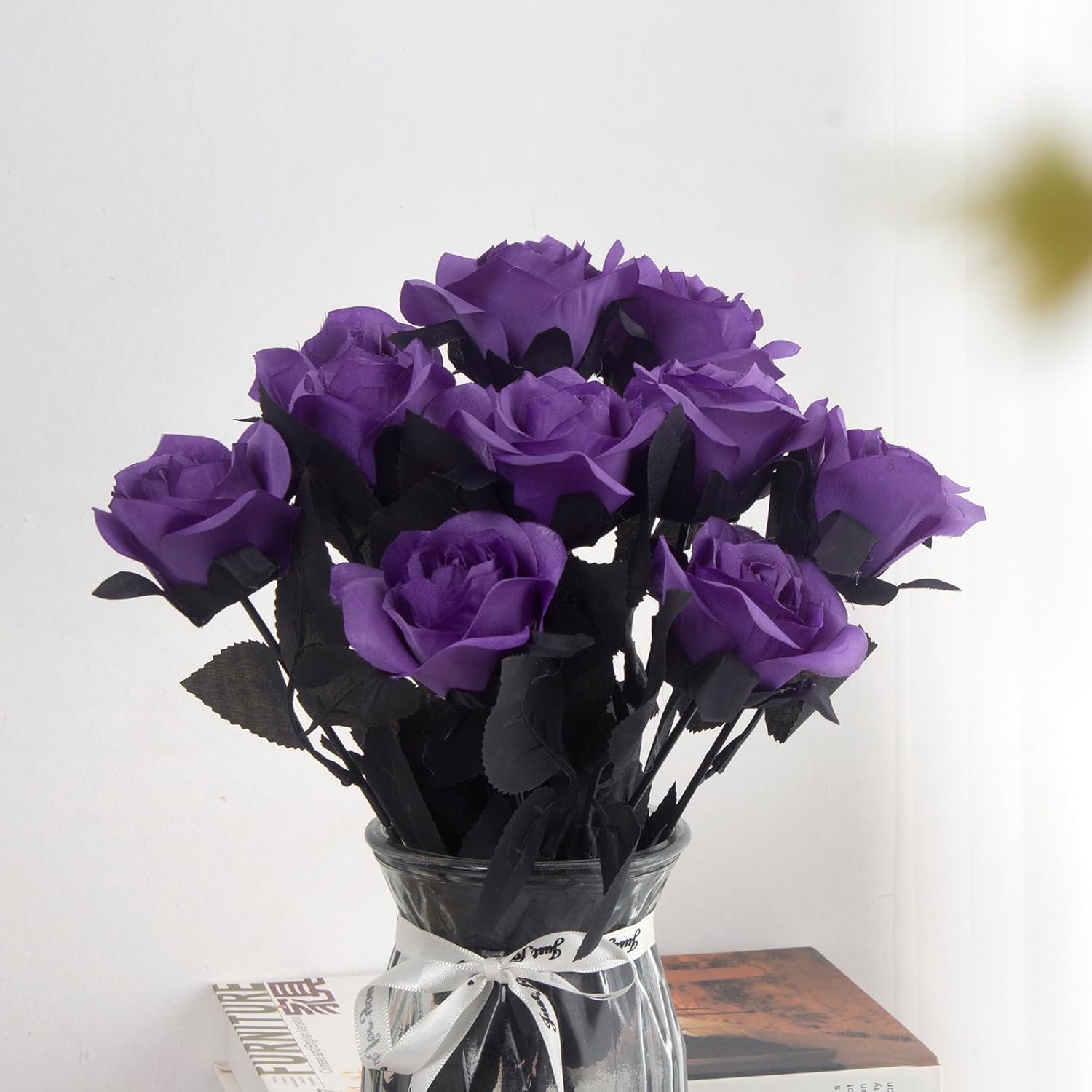 10Pcs Artificial Black Rose Flowers, Single Stem Fake Silk Flowers Bridal Wedding Bouquet (Purple/10Pcs)