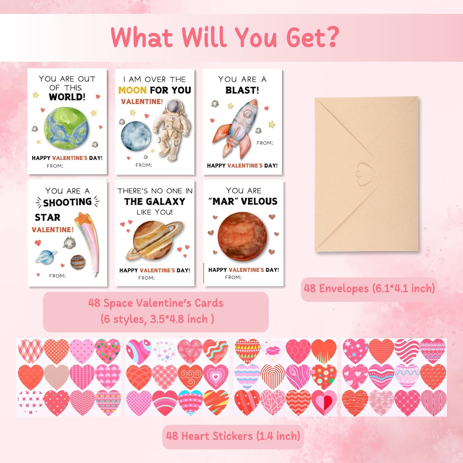 Valentines Day Cards For Kids School - 48 Packs Space Valentine Cards Classroom For Boys & Girls Exchange - Class Valentine'S Card Bulks With Envelopes & Heart Stickers