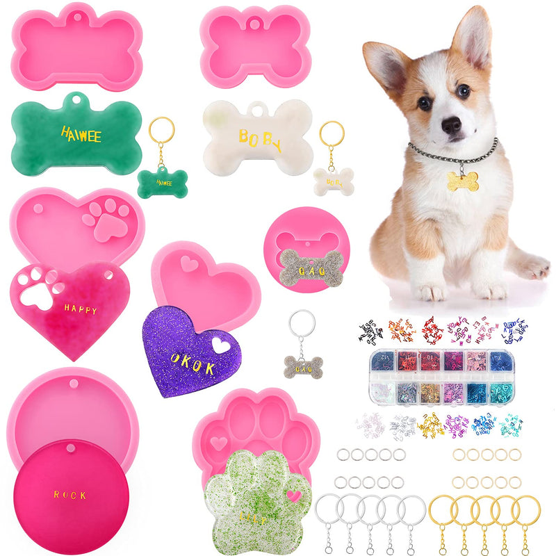 7 Pieces Dog Bone Shaped Keychain Silicone Resin Molds Set Heart Cat Paw Mold Dog Tag Charm Resin Molds With 10Pcs Blank Keychains Small Letters Diy Crafts Making, Keychain Molds Silicone Kit