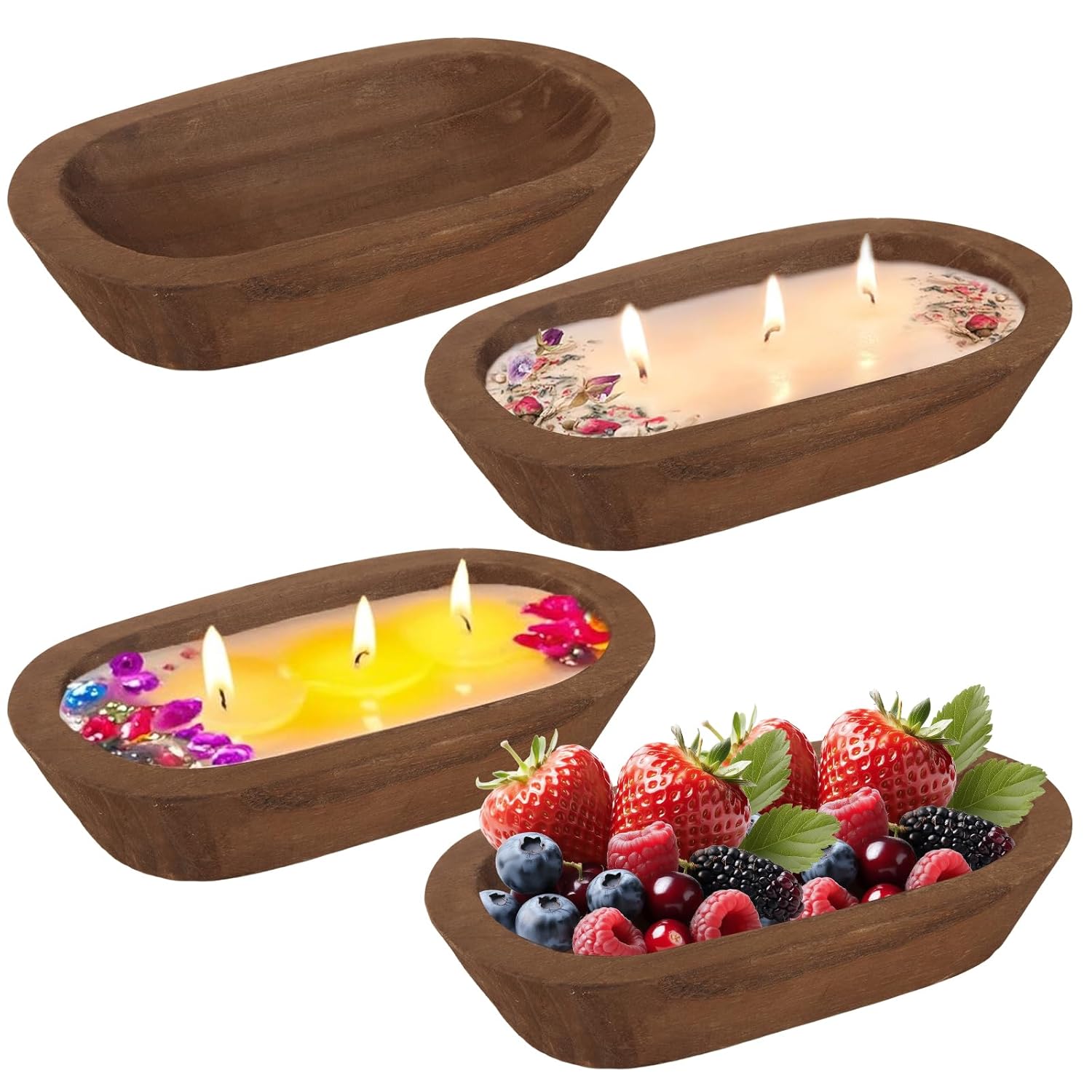 4 Pack Wooden Dough Bowls Bulk Rustic Dough Candle Bowls For Wedding Diy Candle Home Crafts Making Farmhouse Fruits Supplies Decoration(9.5 X 5.5Inches,Brown)