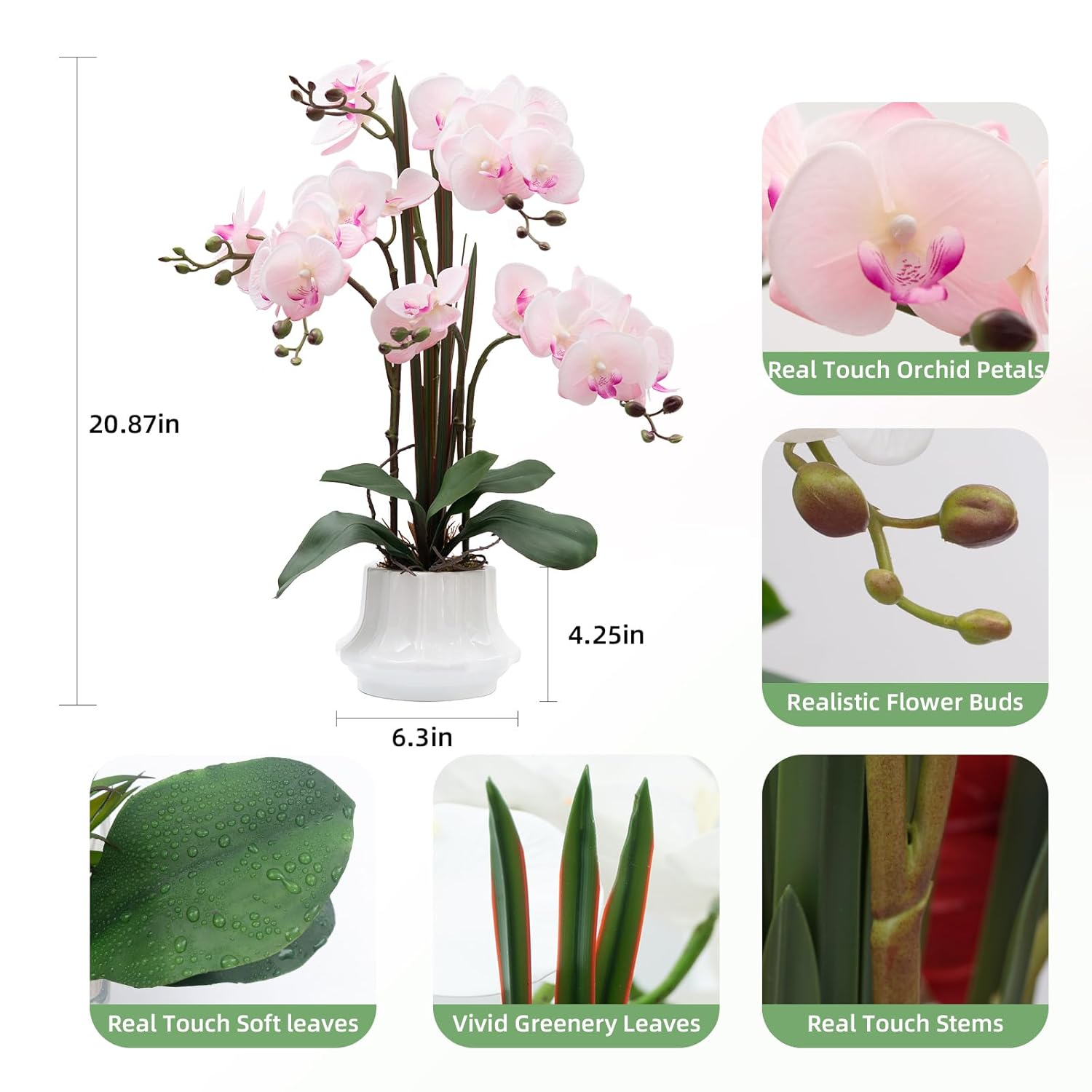 Artificial Orchid Flower Plant 20.9'' Real Touch Faux Orchids In Ceramic Vase Pink Fake Phalaenopsis Flower Arrangement Silk Orchids With Stems For Centerpiece Table Home Indoor Decor