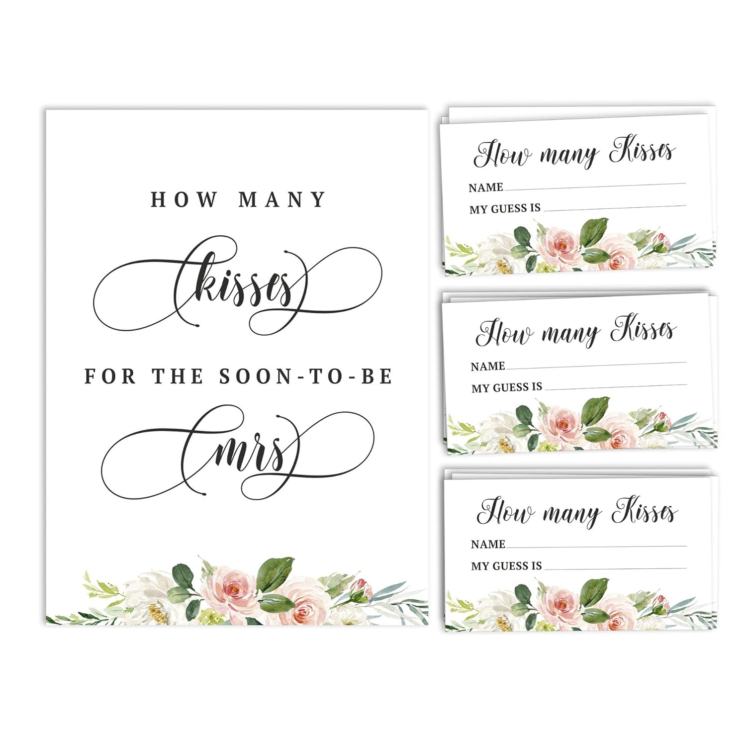 How Many Kisses For The Soon To Be Mrs Floral Brunch & Bubbly White Bridal Shower Game 1 Sign + 30 Cards