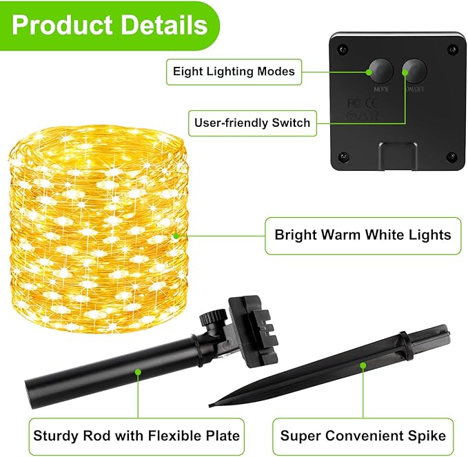 2 Pack Solar Fairy String Lights 80FT 200 LED Warm White Outdoor Waterproof Twinkle Lights with 8 Lighting Modes for Patio Garden Tree Party Holiday Decor