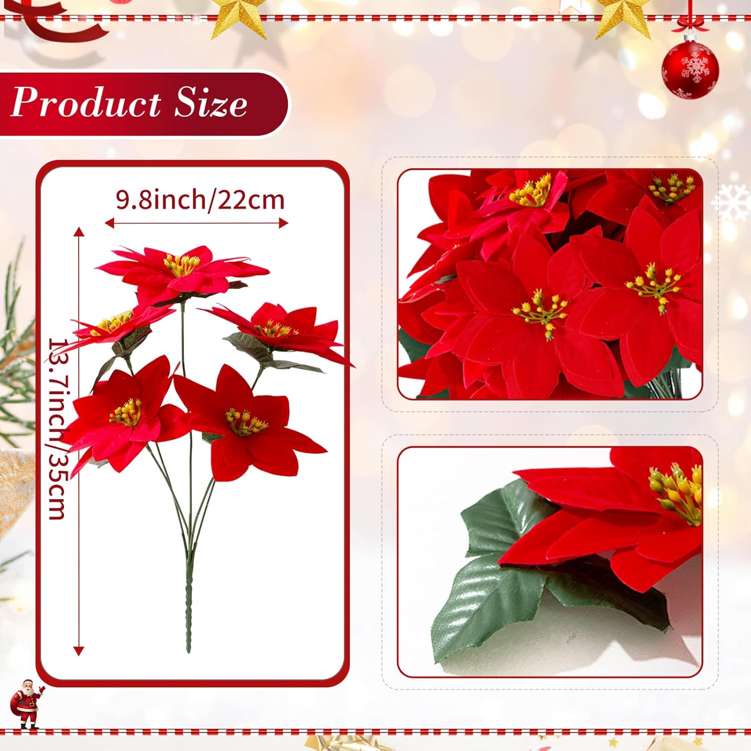 Poinsettia Artificial Christmas Flowers 6Pcs,5 Heads Red 13.7”Fake Poinsettia Flower Bouquet For Home Office Christmas Holiday Indoor Decorations