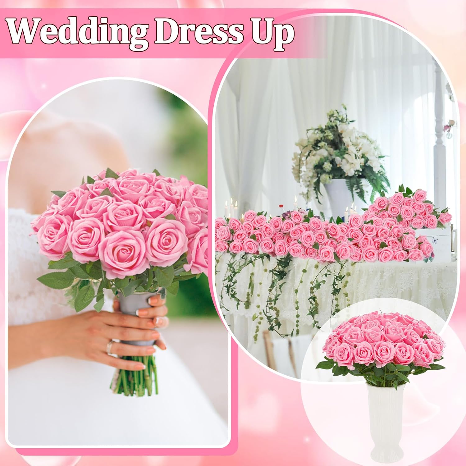 90 Pcs Pink Velvet Rose Artificial Flowers With Long Stems, Fake Silk Roses Real Touch Fake Roses Florals For Birthday Wedding Bouquet Party Arrangement Decorations