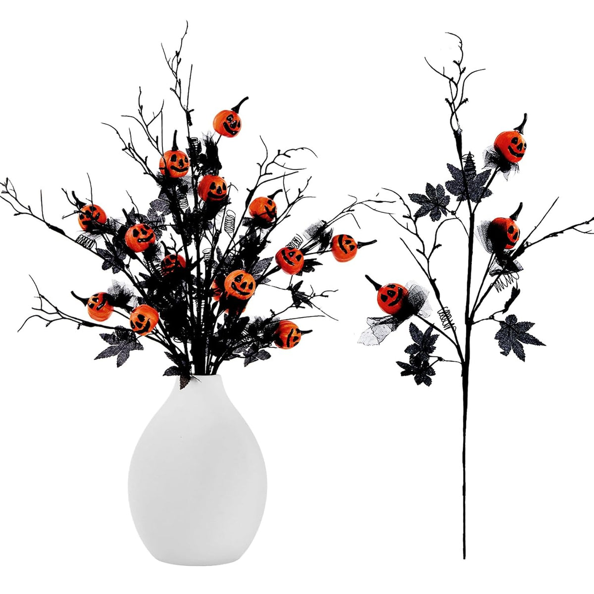 5Pcs Halloween Decorations Indoor, 19.5Inch Artificial Pumpkin Maple Leaf Floral Stems Halloween Branches Decoration, For Home Vase Arrangement Decor - Black.