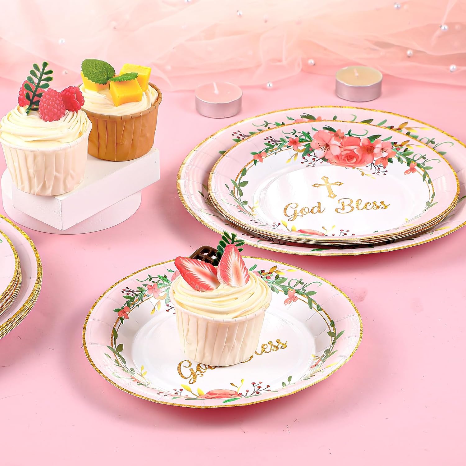 96 Pcs God Bless Baptism Plates Bulk 7'' 9'' First Holy Communion Paper Plates Disposable Newborn Religious Dinnerware For Christening Celebration Church Baby Shower Christmas(1St Communion)
