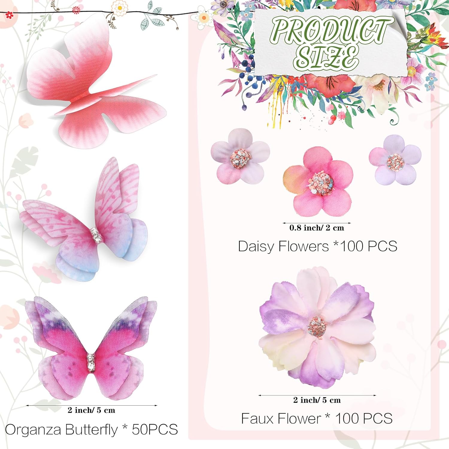 250 Pcs Faux Flower Heads Organza Butterfly Set Includes 200 Silk Daisy 50 Butterfly Embellishments Artificial Flowers Heads 3D Butterflies For Diy(Bright Colors)