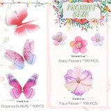 250 Pcs Faux Flower Heads Organza Butterfly Set Includes 200 Silk Daisy 50 Butterfly Embellishments Artificial Flowers Heads 3D Butterflies For Diy(Bright Colors)