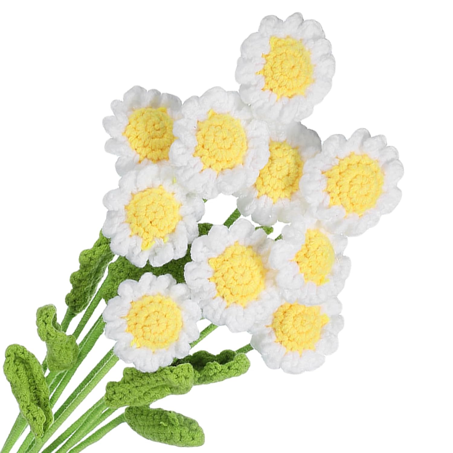 Crochet Flowers Handmade Knitting Daisy Artificial Woven Small Potted With Stems For Valentine'S Gifts Home Wedding Party Office Table Decor, White Count 10