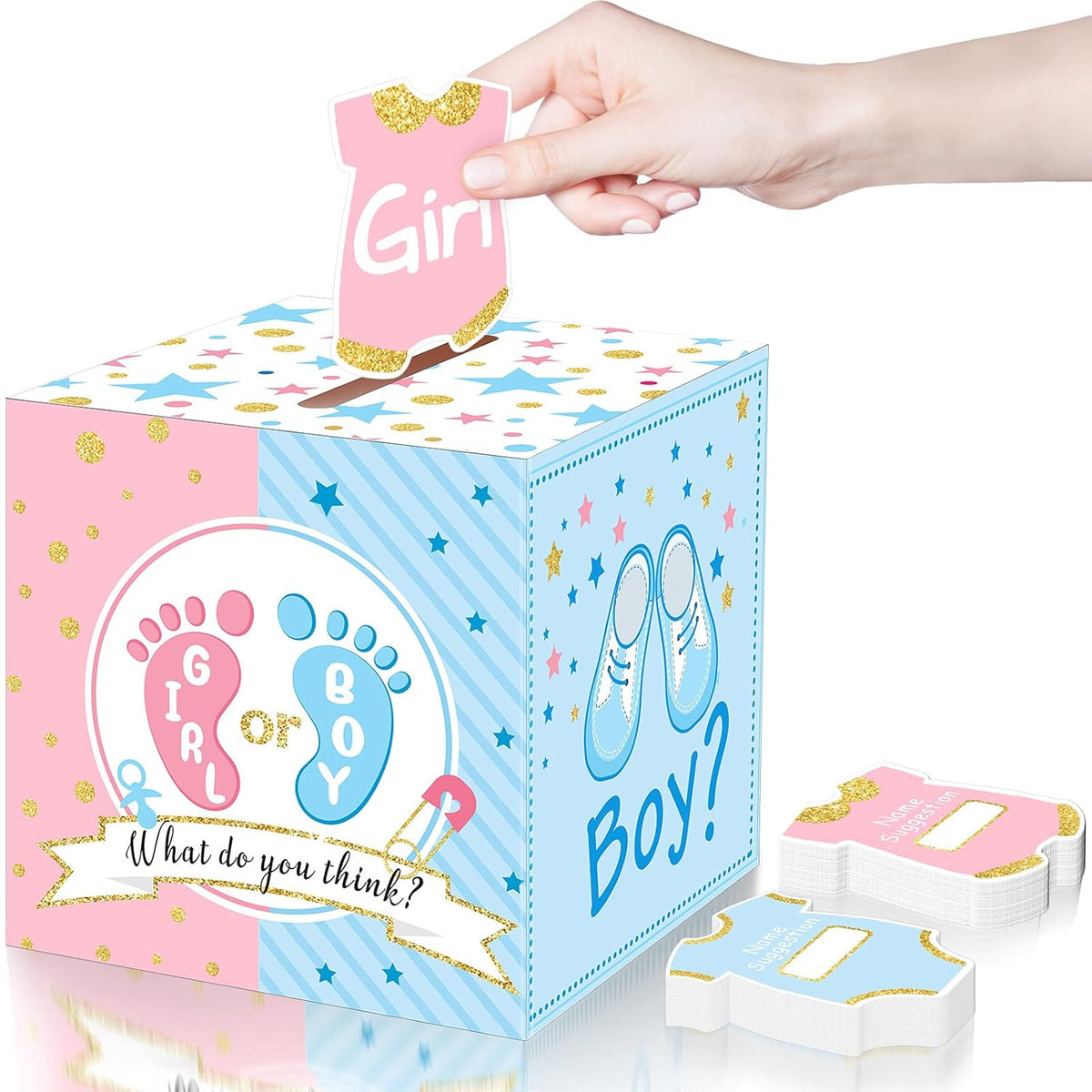 Baby Gender Reveal Voting Box With 50 Pieces Boy Or Girl Ballot Cards Baby Shower Decorations Party Invitations And Voting Games Gender Reveal Party Supplies(Pink, Blue)