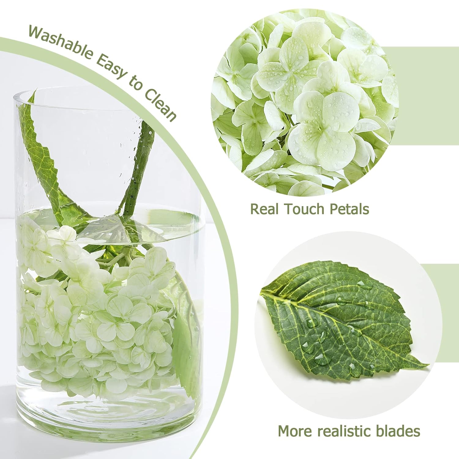 21" Real Touch Hydrangea Artificial Flowers With Long Stem & Leaves, Full Latex Faux Hydrangea Flowers For Home Decor Party Floral Arrangements Wedding Bouquets Centerpieces, Green 3Pcs