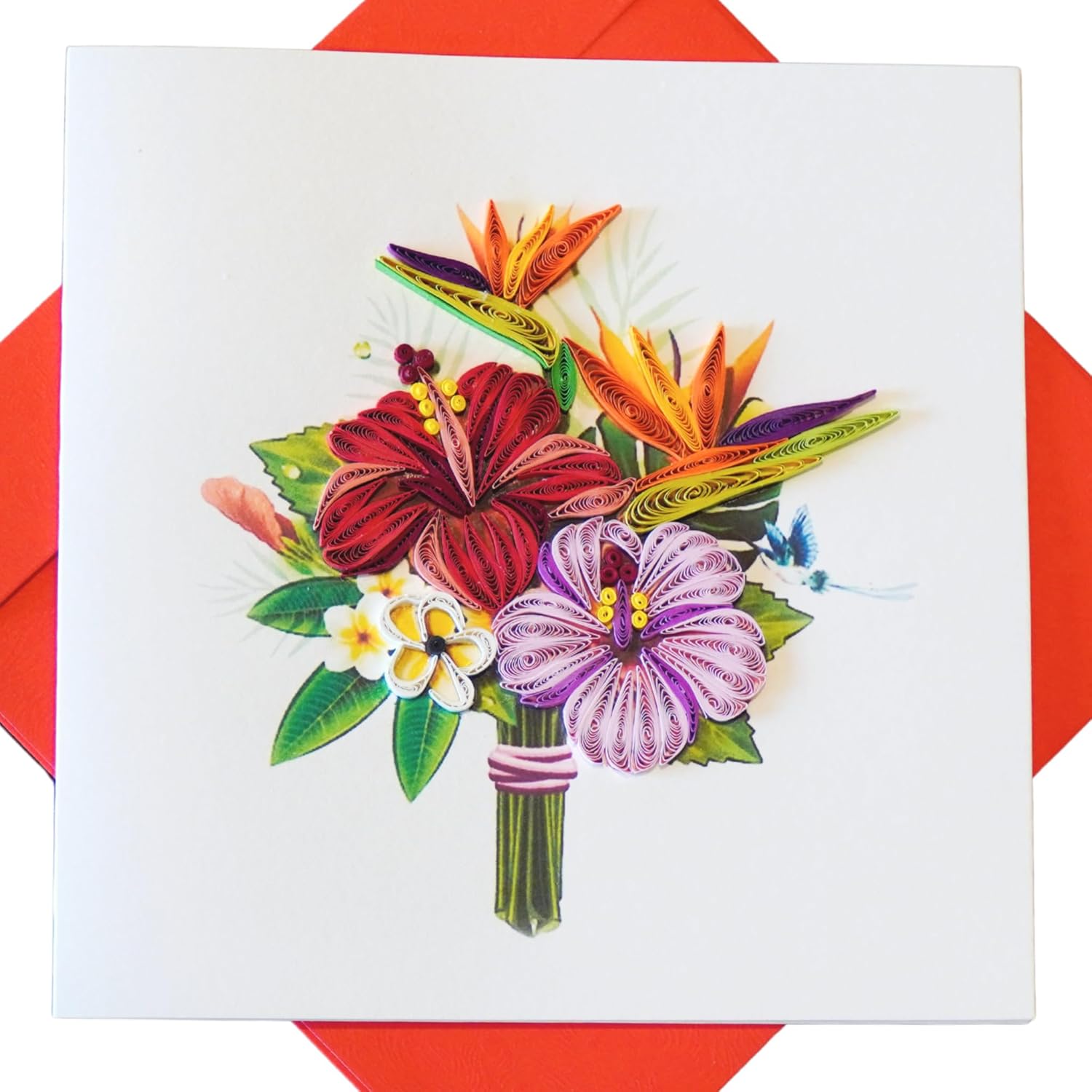 Unique Quilling Card - Tropical Hibiscus Bouquet Design | Handmade Greeting Card For Birthday, Anniversary, Christmas, Mother’S Day, Thank You, Friends & Loved Ones