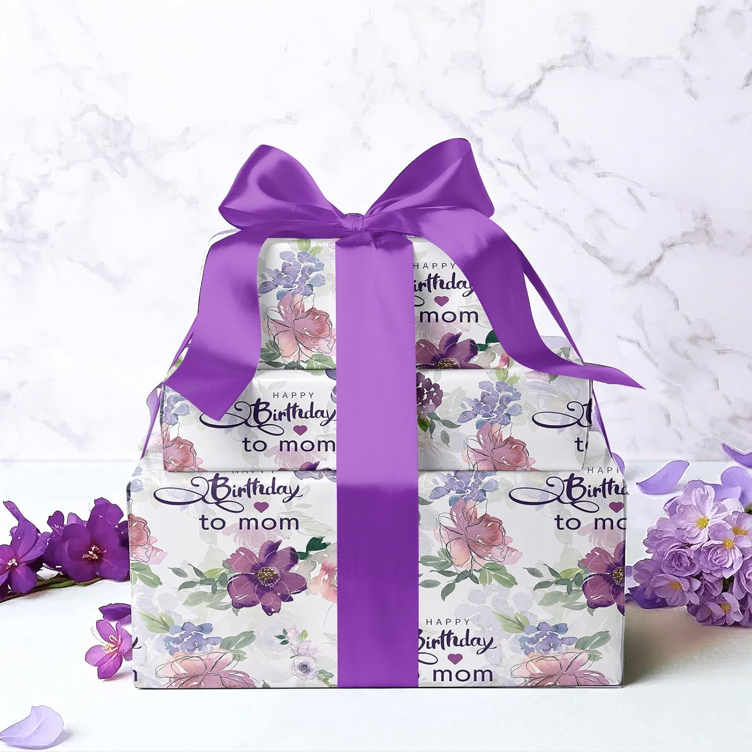 Birthday Wrapping Paper Roll For Mom - Mini Roll - 17 Inch X 16.5 Feet - Happy Birthday To Mom Lettering With Purple Flower Design