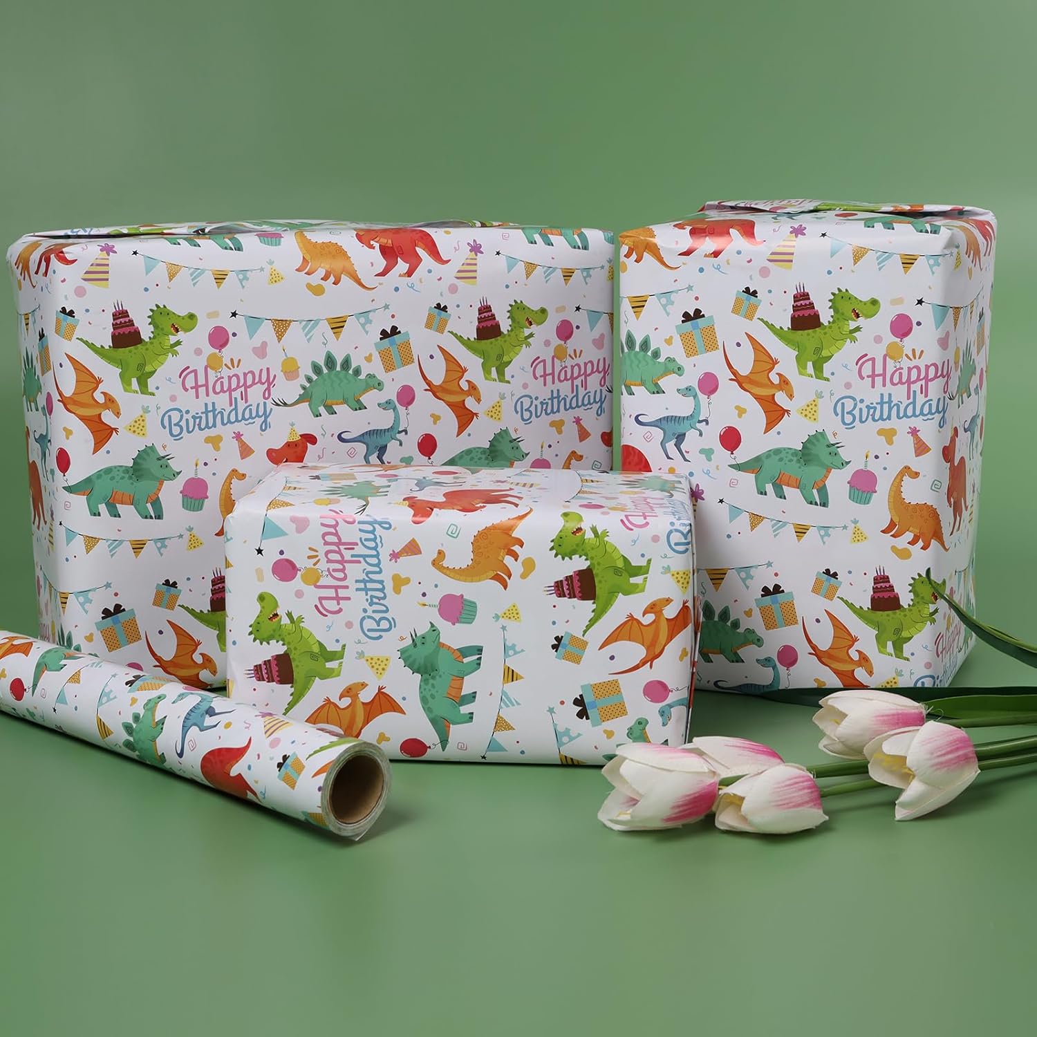 Gift Wrapping Paper Roll,Cute Dinosaurs Happy Birthday Wrapping Paper For Boys,Wrapping Paper Rolls Gift Wrap Paper Dinosaur Parties,Baby Showers,Happy Bday Wrap,17 Inch X 120 Inch Per Roll