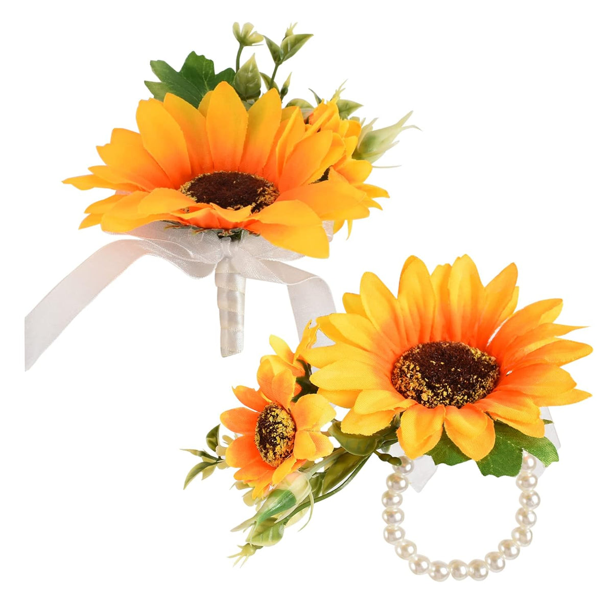 Artificial Sunflower Boutonniere, Bride And Groom Sunflower Wrist Corsage Set For Formal Parties And Weddings (1Pcs Bride Wrist Flower And 1Pcs Groom Corsage)