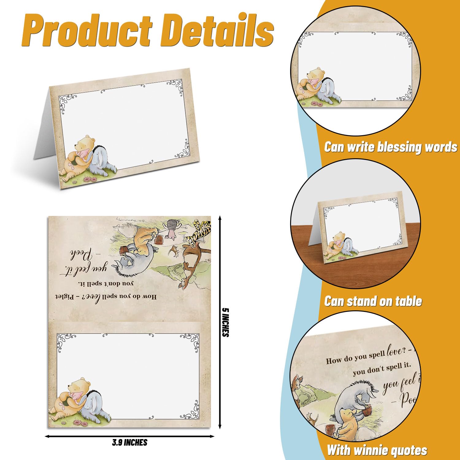 16Pcs Winnie Quotes Prints Centerpiece Card, Classic Pooh Game Cards Set For Baby Shower, Includes 8 Different Winnie Quotes Cards?Perfect For Baby Shower Party Activity Supplies