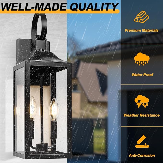 2 Pack 19 Inch Black Outdoor Wall Lights Farmhouse Lantern Porch Sconce Fixtures