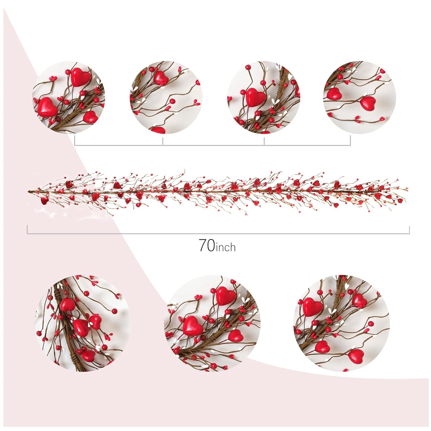 TEMPUS Valentine's Day Heart Garland 5.9ft Red Heart Berry Garland Artificial Valentine's Day for Front Door Wedding Anniversary Party Candlelight Dinner Decorations