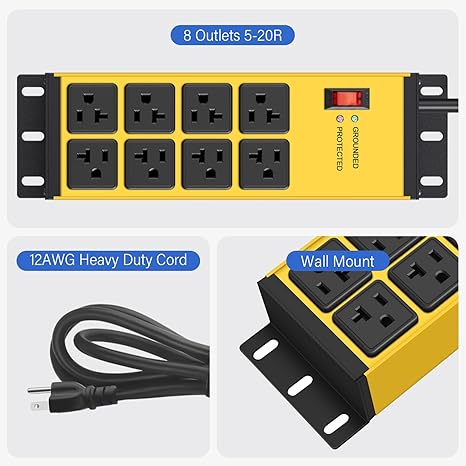 Heavy Duty Magnetic Power Strip 8 Outlets 6FT 12AWG Extension Cord Wall Mount Yellow