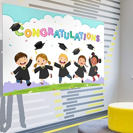6x4 Ft "Congratulations" Backdrop Banner White Kindergarten/Grade Grad Decor