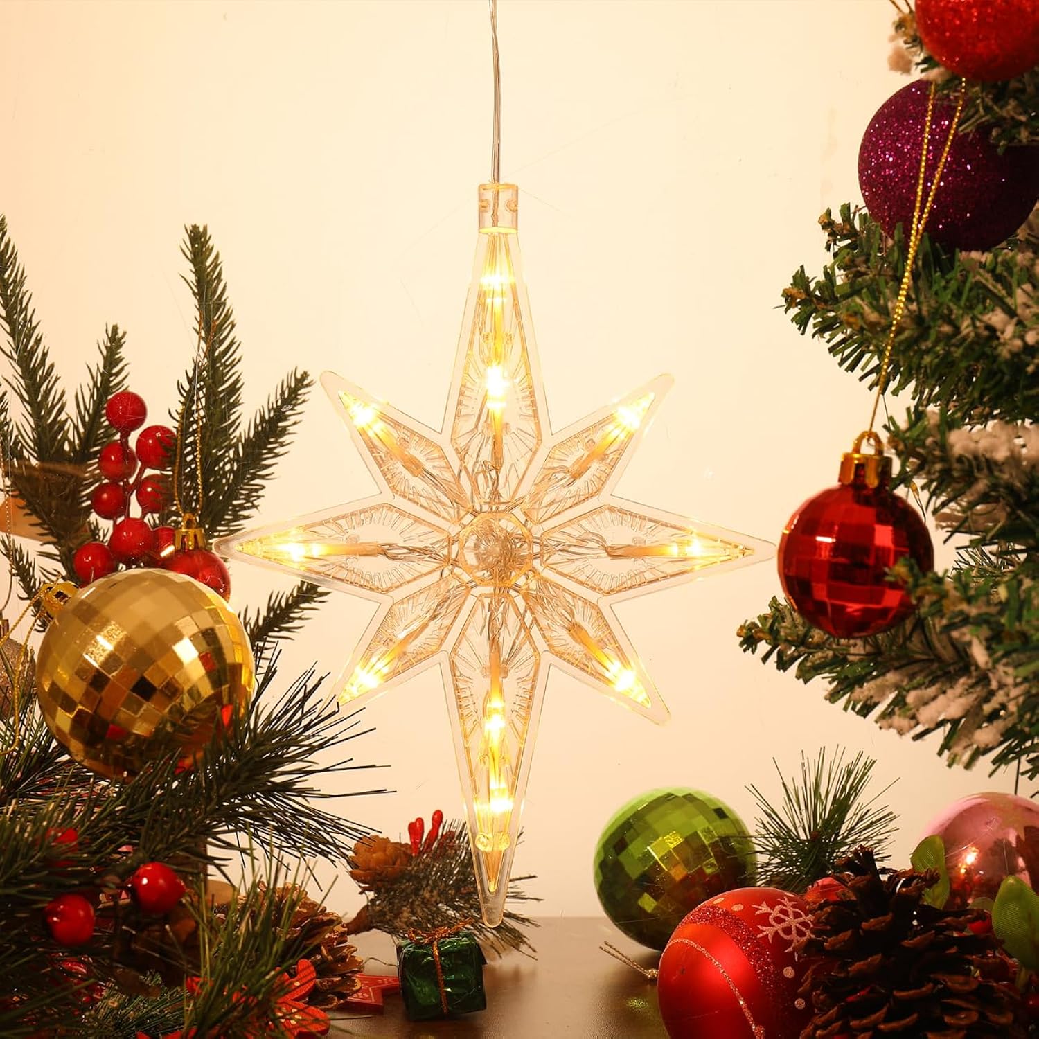 Christmas Star Window Light, Led Star Hanging Christmas Lights With Suction Cup Battery Operated Bethlehem Star Light Fo