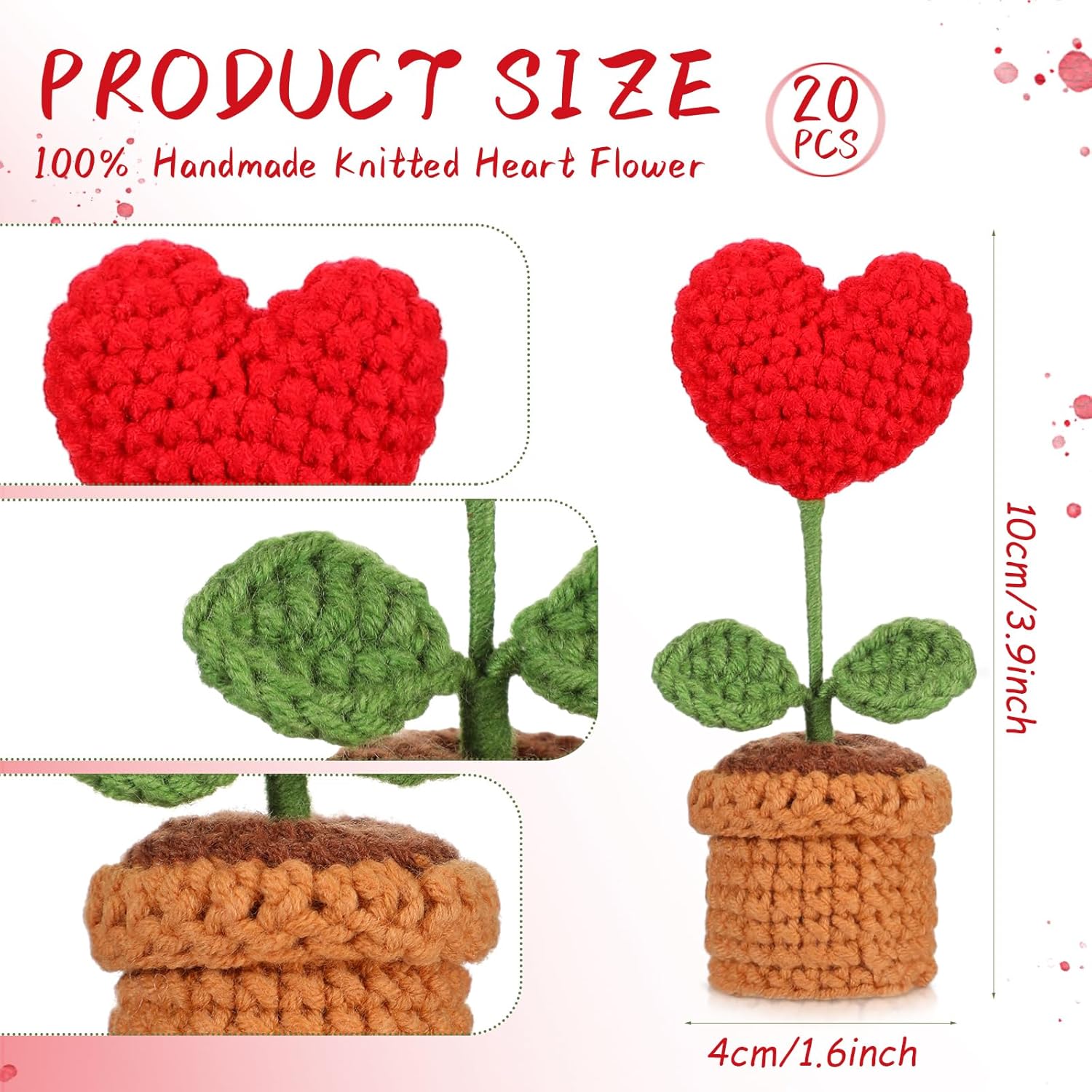 10 Pcs Crochet Heart Flowers Potted Plant Bulk Mini Valentine'S Day Gifts For Teacher Artificial Handmade Knitted Flower For Women Team Coworker Office Staff Nurse Appreciation Gifts