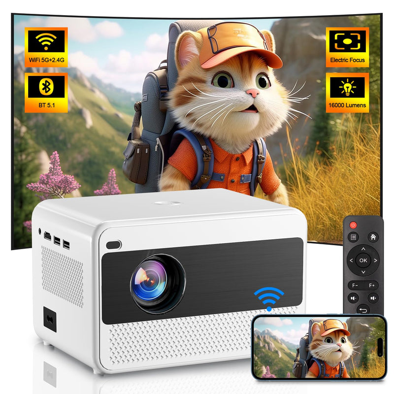 16000LM Projector, WiFi, Bluetooth, 1080P, Portable, 200'', iOS/Android, HDMI