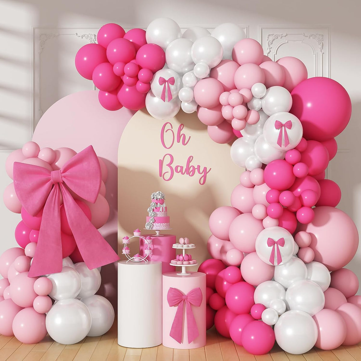Pink Balloon Arch, Hot Pink Light Pearl White Latex Balloons Different Sizes For Girls Birthday Wedding Baby Shower Valentine'S Day Bridal Shower Bachelorette Party Decorations Supplies