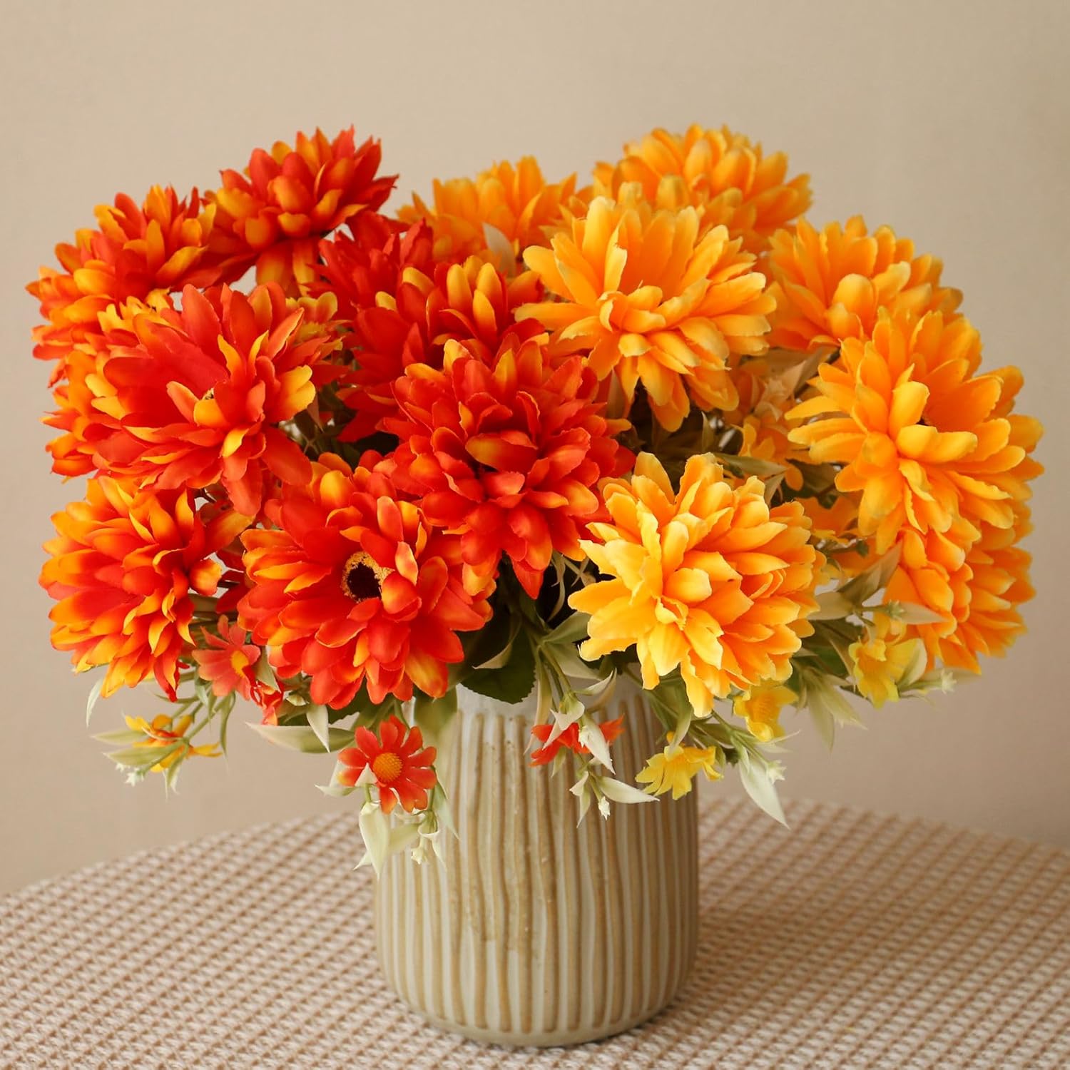 4 Pack Artificial Marigold Flowers Bouquet, 12 Inch 20Pcs Fake Silk Marigold Flower Heads, Autumn Fall Mums Decor For Indoor Outdoor The Dead Day Halloween Dia De Los Muertos Diwali