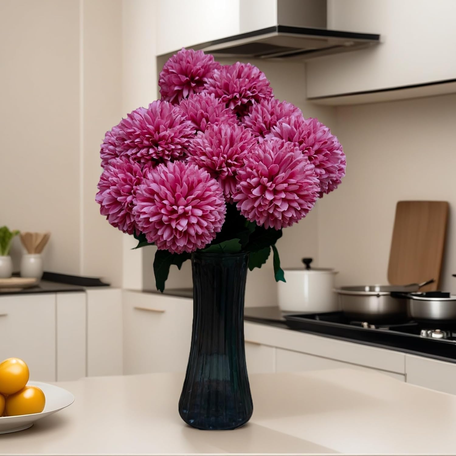 Large Artificial Kiku Flowers, Artificial Chrysanthemum Ball?18 Heads Silk Mums Stems, 15.5 Inch, Indoor Floral Arrangement For Home Decor, Living Room, Vase Centerpiece (Mauve)