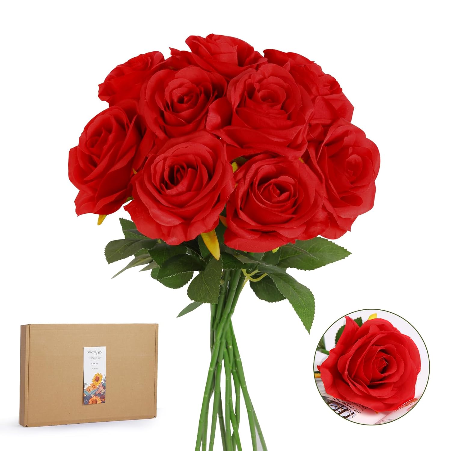 20Pcs Realistic Red Roses Artificial Silk Flowers With Long Stems, Real Touch Fake Red Roses Bulk For Arrangement Wedding Party Home Table Decor, Diy Bouquet