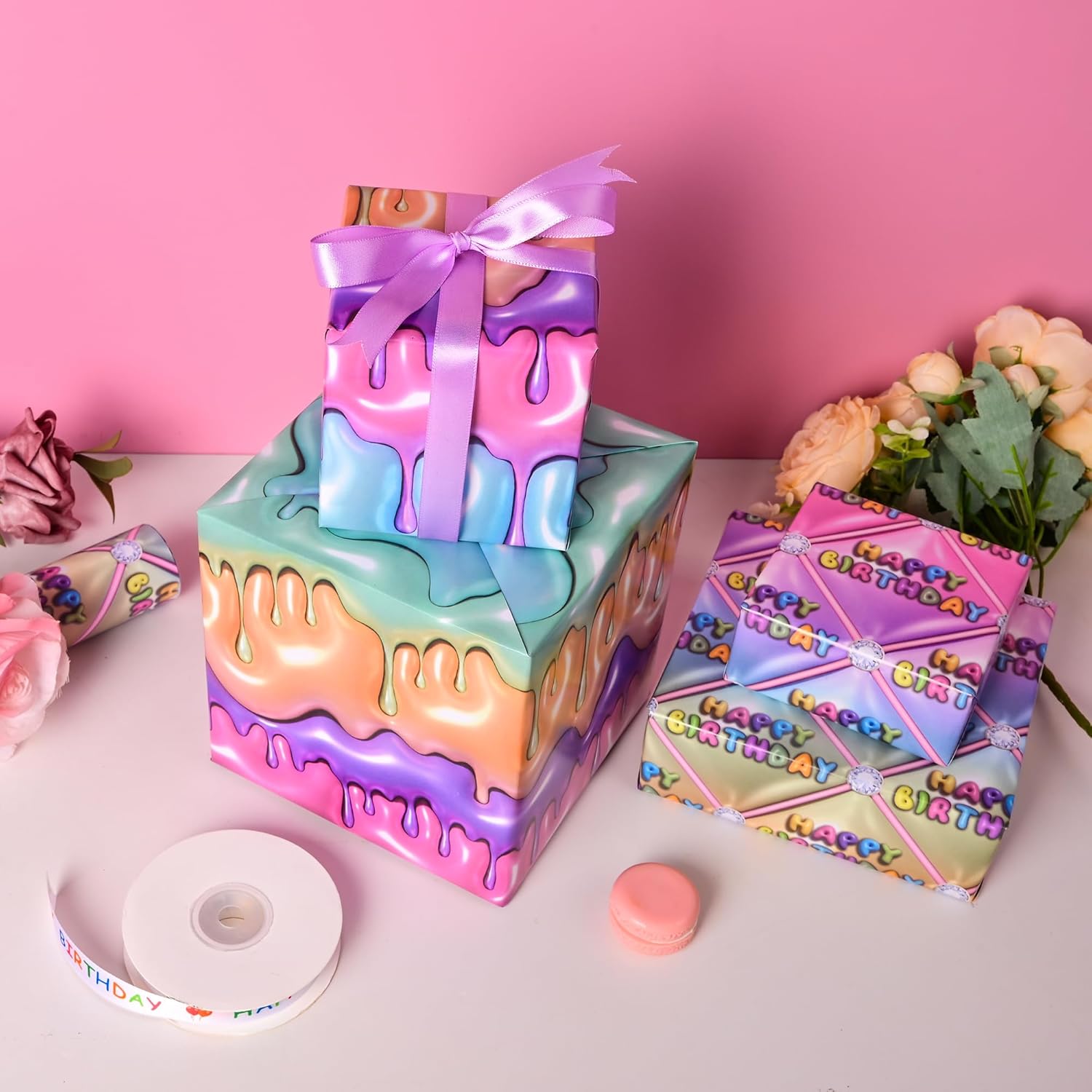 Reversible 3D Effect Birthday Wrapping Paper For Kids Men Women - Stereoscopic Design Gift Wrap Sheets For Holiday Birthday Party (Total 28.5Sq.Ft)