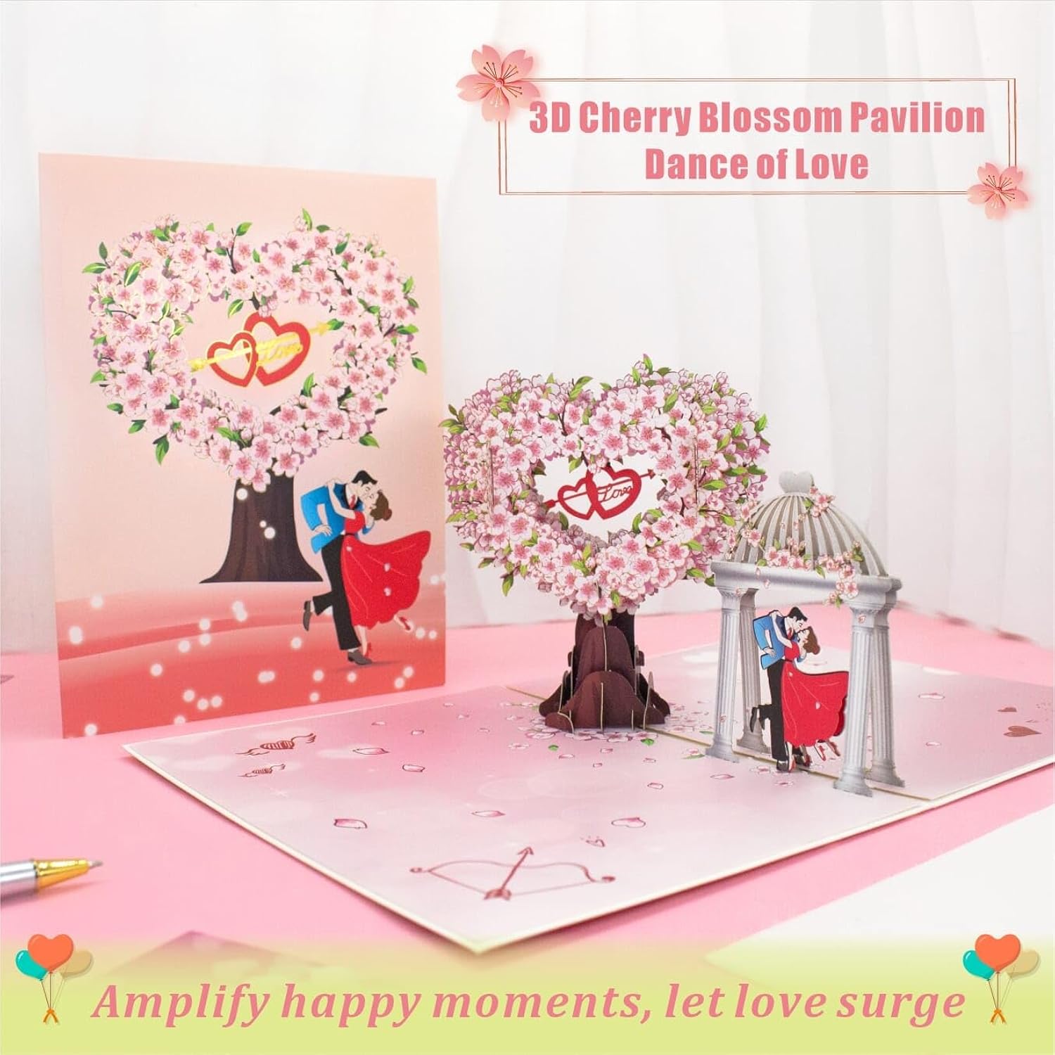 Pop Up Anniversary Card - 3D Cherry Blossom Heart Tree, Couple & Wishing Pavilion Love Card - Ideal Pop Up Wedding Card For Anniversary, Valentine’S, Birthday (6X8 Inches) | For Wife, Husband, Her, Him, Girlfriend, Couple