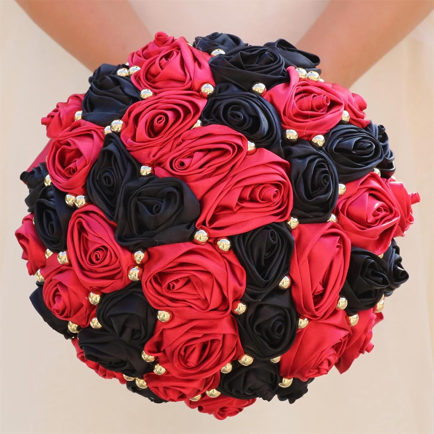 7.5" Ruby Red & Black Bridal Wedding Bouquet Round Holding Bouquet Throw Toss Artificial Rose Flower Bunch For Bride Bridesmaid Wedding Quinceanera