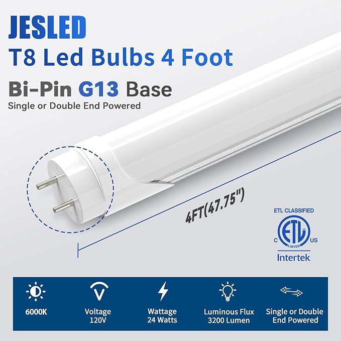 4 Pack 4FT T8 LED Bulbs 24W 3200LM 6000K Type A B Fluorescent Replacement Tubes