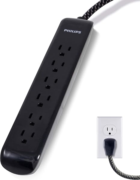 Surge Protector Power Strip 6 Outlets 4FT Braided Cord 720J Flat Plug Black