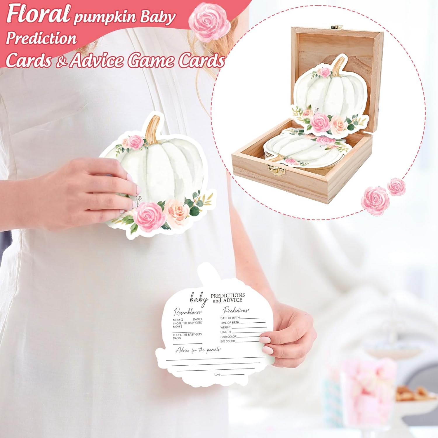50Pcs Fall Baby Shower Advice & Wishes Double-Sided Floral Pumpkin Baby Predictions And Advice Cards With Wooden Keepsake Box For Autumn Thanksgiving Gender Reveal Party Games