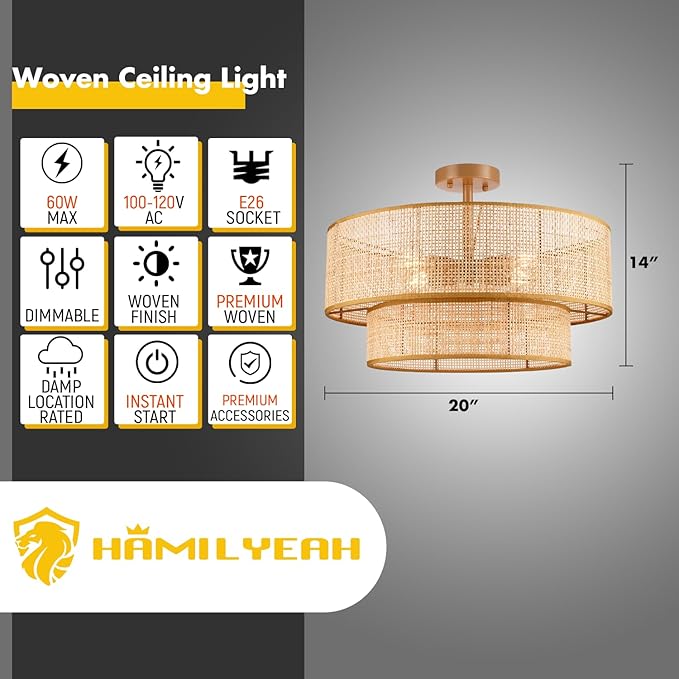 20 Inch Boho Rattan Flush Mount Ceiling Light Double Layer Wicker Fixture