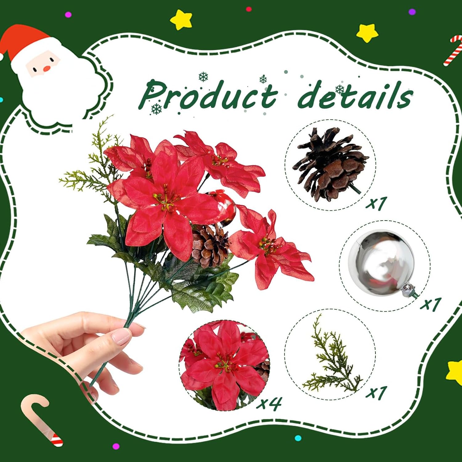 4 Pack Artificial Christmas Flowers Pick Decorations,4 Fake Poinsettia Flower Heads With Leaves And Pinecones Pine Needles Xmas Ball Red Flower Bouquet For Christmas Tree Ornament Home Garden Decor