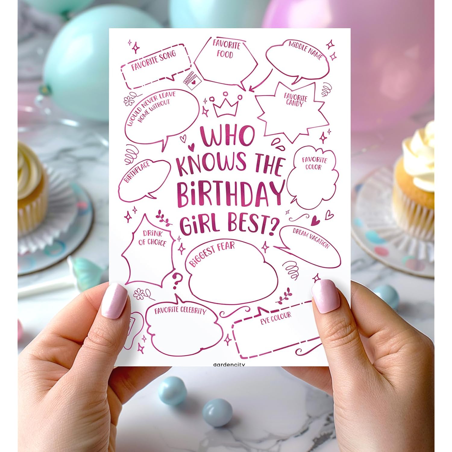 50 Who Knows The Birthday Girl Best Game Cards, Fun Birthday Games For Kids & Adults, Pink Bubbles