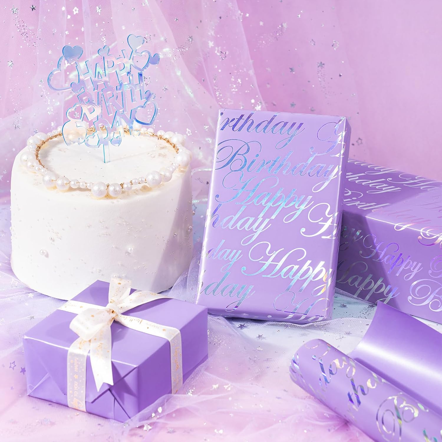 30 Inch Reversible Birthday Wrapping Paper - 30 Inch X 33 Feet - Puprle And Silver Foil Happy Birthday Wrapping Paper For Girls, Women, Kids, Baby Shower