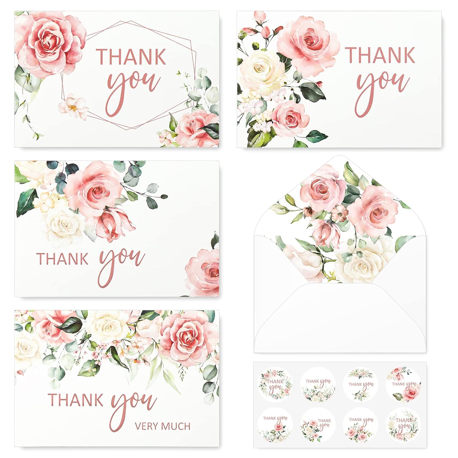 32 Pack Thank You Cards With Envelopes Stickers Blush Floral Blank Note Cards Bulk 4 Design Flower Thank You Greeting Cards For Wedding Baby Shower Bridal Shower And All Occasions, 4 X 6