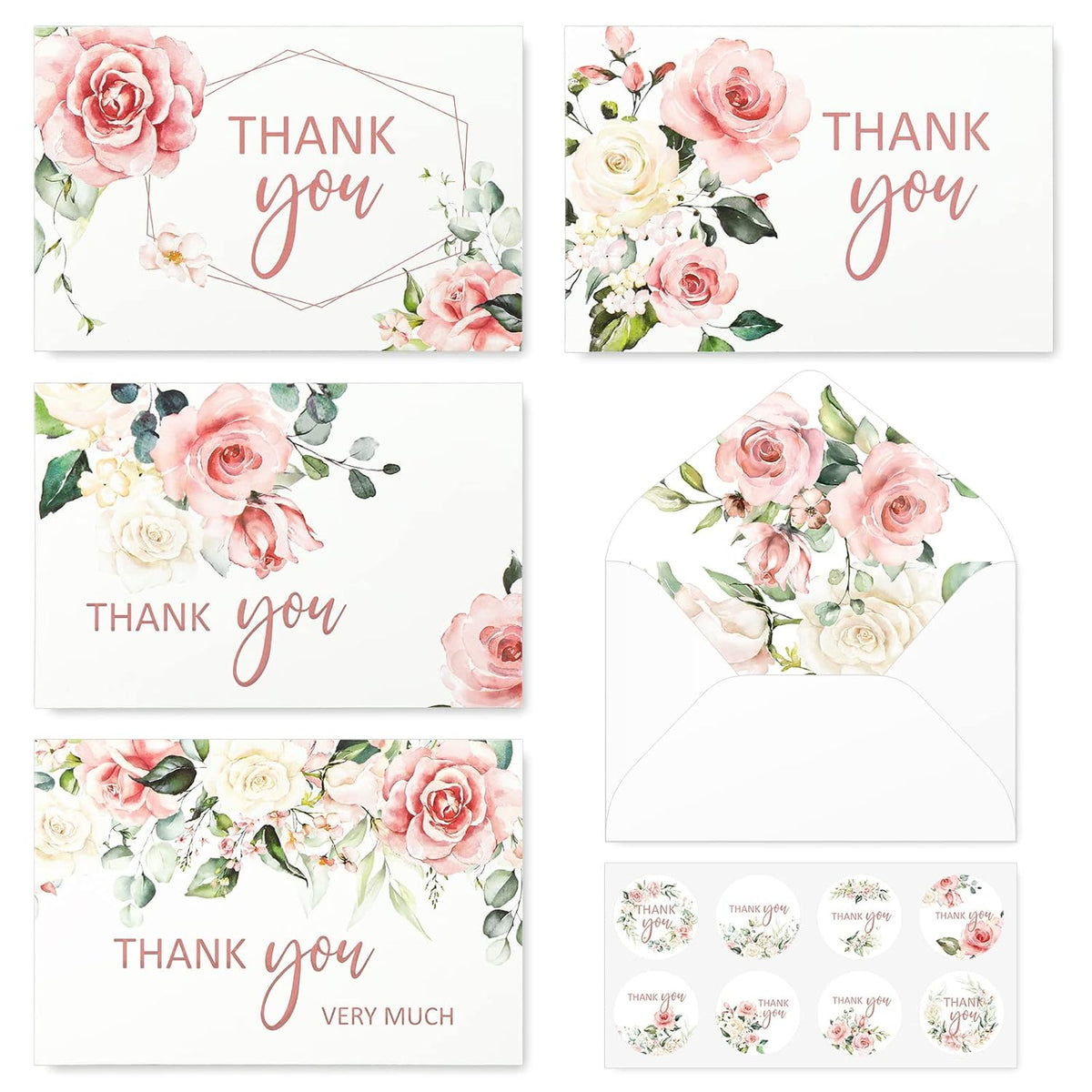 32 Pack Thank You Cards With Envelopes Stickers Blush Floral Blank Note Cards Bulk 4 Design Flower Thank You Greeting Cards For Wedding Baby Shower Bridal Shower And All Occasions, 4 X 6