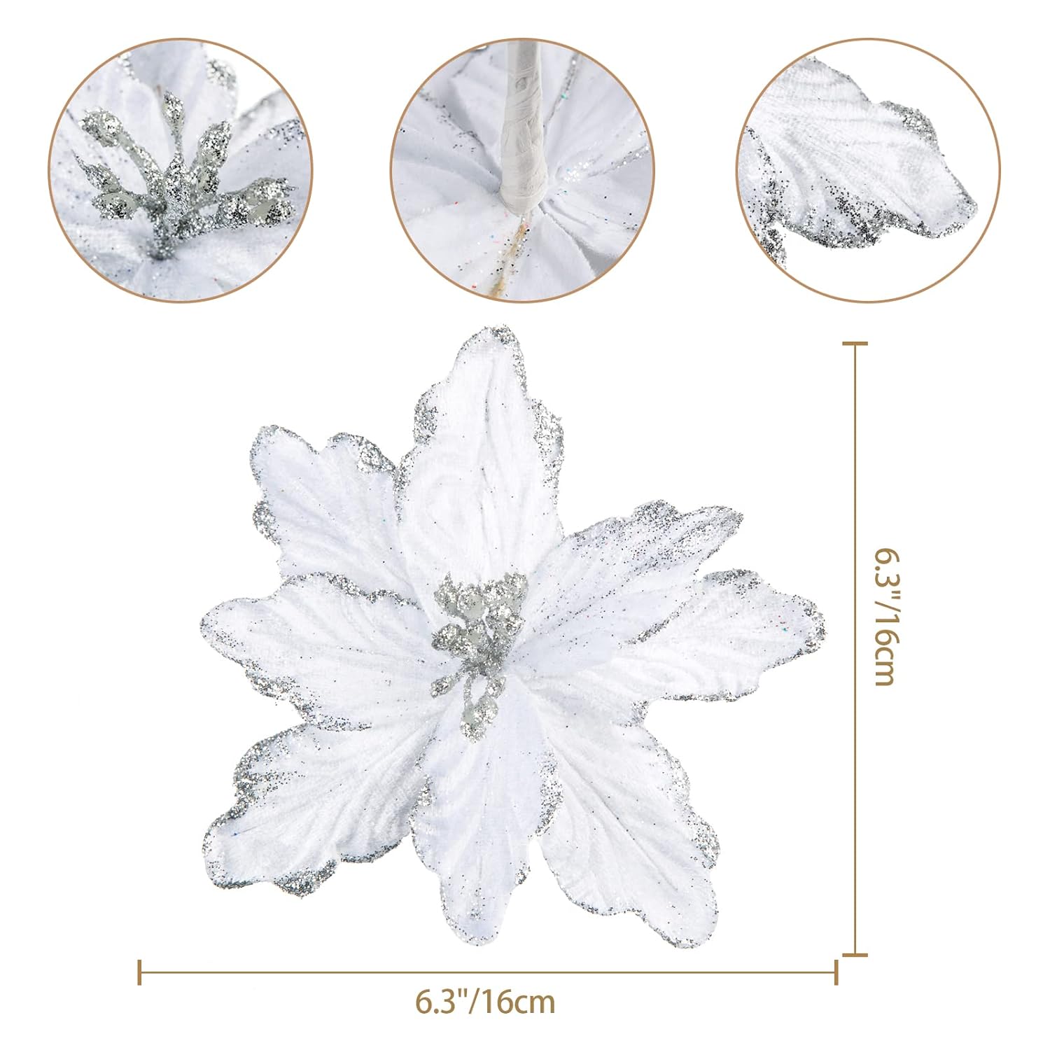 7Pcs Poinsettia Flowers Picks Artificial Glitter Poinsettia Flowers With Stems Christmas Tree Ornaments With Stems For Home Kitchen Decorations(White)